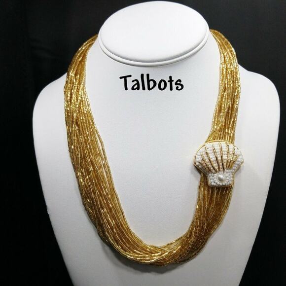 Vintage Talbots Gold Glass Bugle Beaded Necklace White Bead Shell Side Pendant - Picture 1 of 8